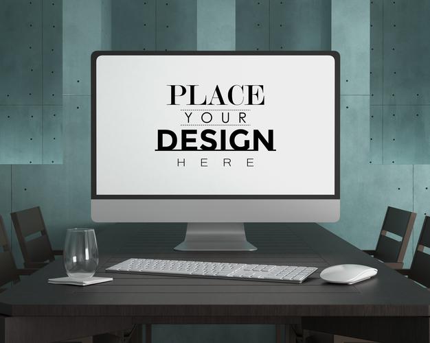 Free Computer On Table In Work Space Psd Mockup Psd