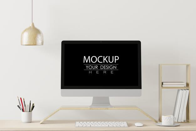 Free Computer On Table In Workspace Mockup Psd