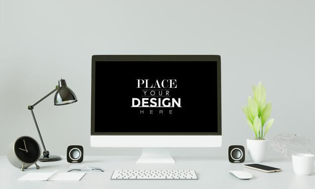 Free Computer On Table In Workspace Mockup Psd