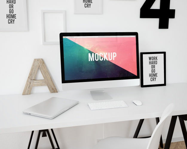 Free Computer On White Desktop Mock Up Psd