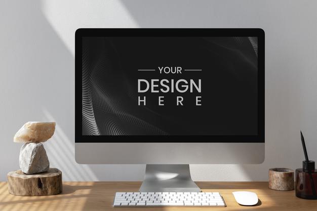 Free Computer Screen Mockup With Minimalist Decoration Psd