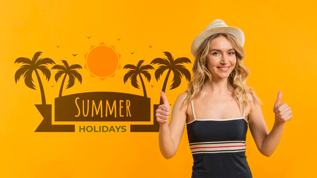 Free Copyspace Mockup With Summer Concept Next To Attractive Woman Psd