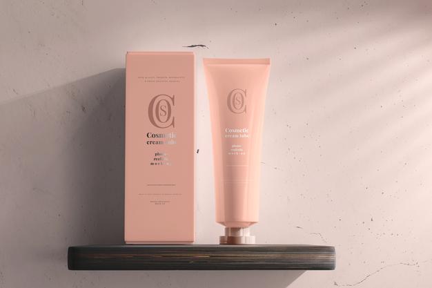 Free Cosmetic Cream Tube With Box Mockup Psd