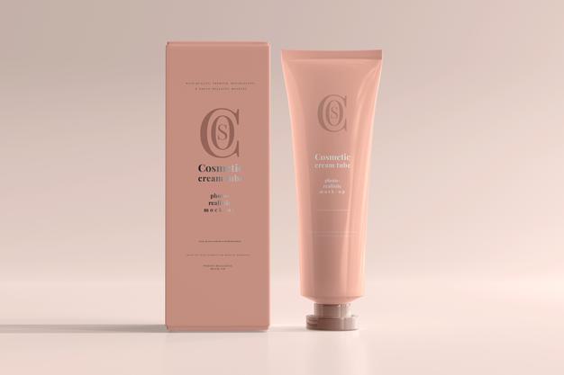 Free Cosmetic Cream Tube With Box Mockup Psd