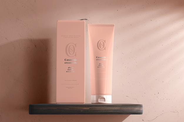 Free Cosmetic Cream Tube With Box Mockup Psd