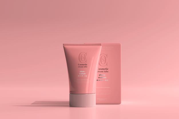 Free Cosmetic Cream Tube With Box Mockup Psd