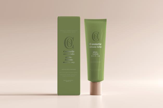 Free Cosmetic Cream Tube With Box Mockup Psd