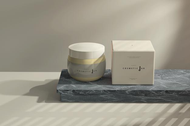 Free Cosmetic Jar And Box Mockup On Dark Marble Board Psd