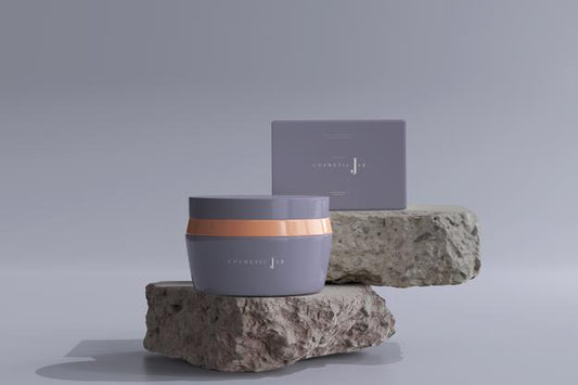 Free Cosmetic Jar And Box Mockup On Rocks Psd