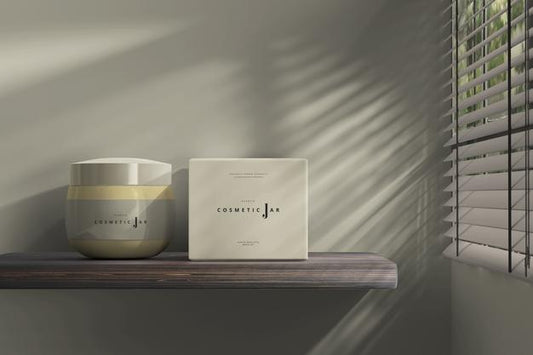 Free Cosmetic Jar And Box Mockup On Shelf Next To Window Psd