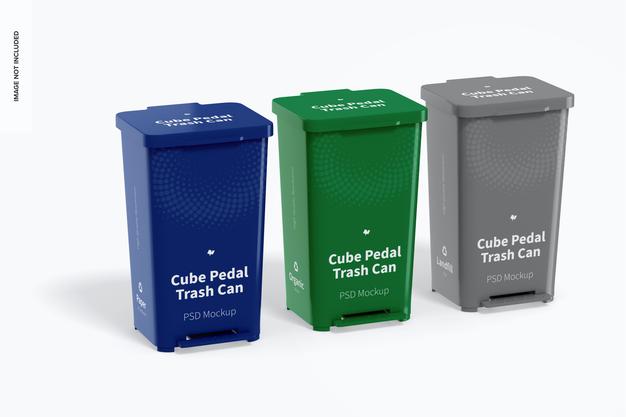 Free Cube Pedal Trash Cans Set Mockup Psd