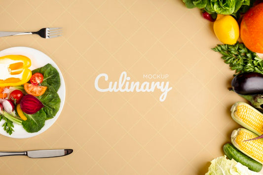 Free Culinary Mock-Up With Veggies And Arrangement Of Plate And Cutlery Psd