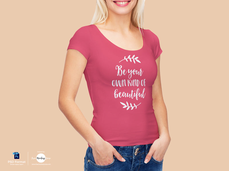 Free Cute Girl Wearing T-Shirt Psd Mockup