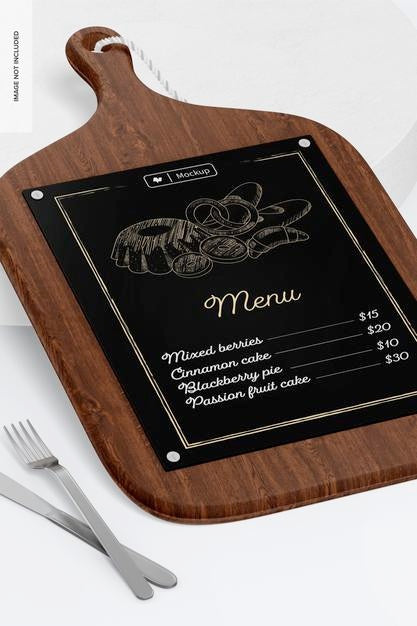 Free Cutting Board Menu Mockup, Close Up Psd