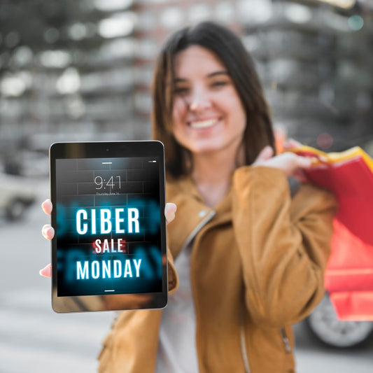 Free Cyber Monday Mockup With Woman Holding Tablet Psd