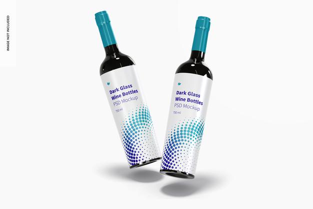 Free Dark Glass Wine Bottles Mockup, Falling Psd