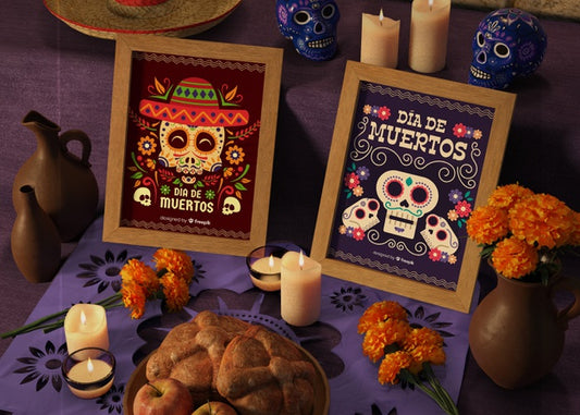 Free Day Of Dead Traditional Mexican Mock-Ups With Flowers Psd