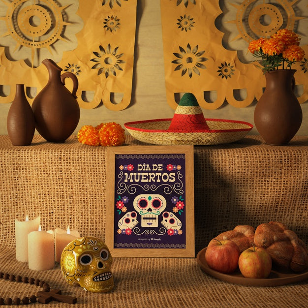 Free Day Of The Dead Traditional Mexican Sombrero And Floral Skull Mock-Ups Psd