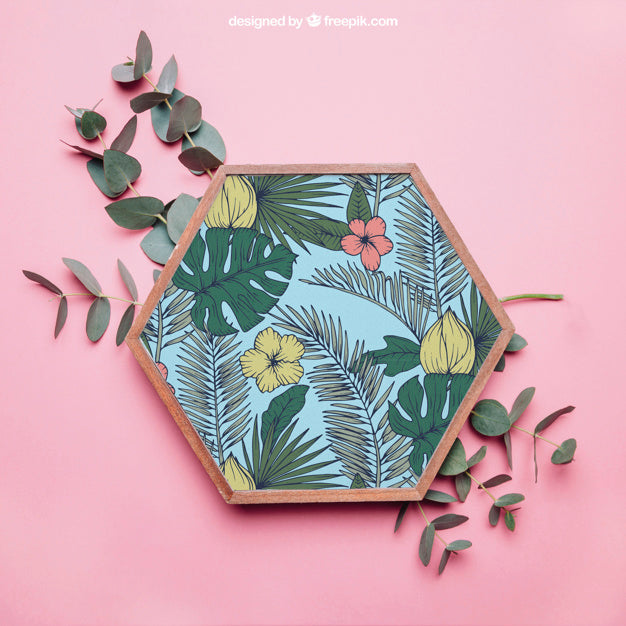 Free Decorative Botanical Mockup With Close Up Of Hexagonal Frame Psd