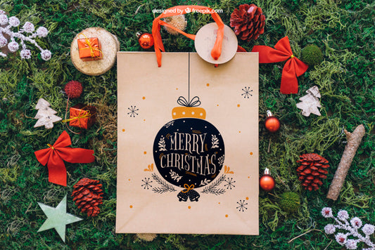 Free Decorative Christmas Mockup With Shopping Bag Psd
