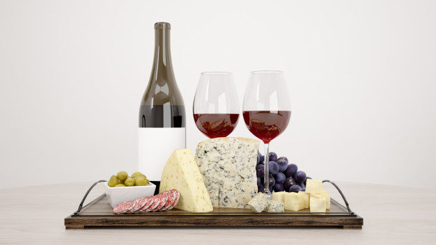 Free Delicious Cheese Assortment With Red Wine Mockup Psd
