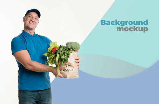 Free Delivery Man Holding A Bag Of Groceries Psd