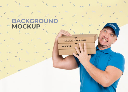 Free Delivery Man Holding A Bunch Of Pizza Boxes With Background Mock-Up Psd