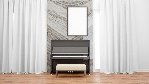 Free Deluxe Room With High Class Piano, White Curtains And Photo Frame Psd