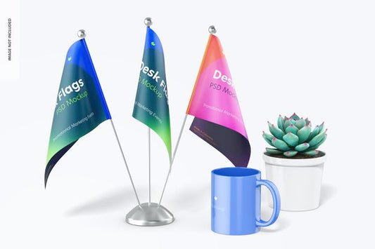 Free Desk Flags Mockup, Front View Psd