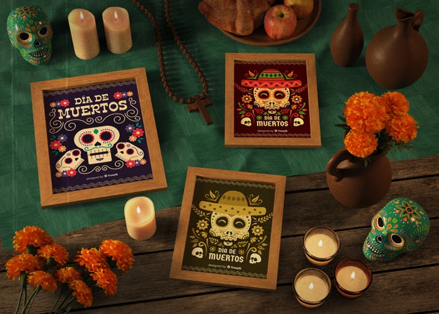 Free Dia De Muertos Diversity Mock-Ups With Flowers And Candles Psd