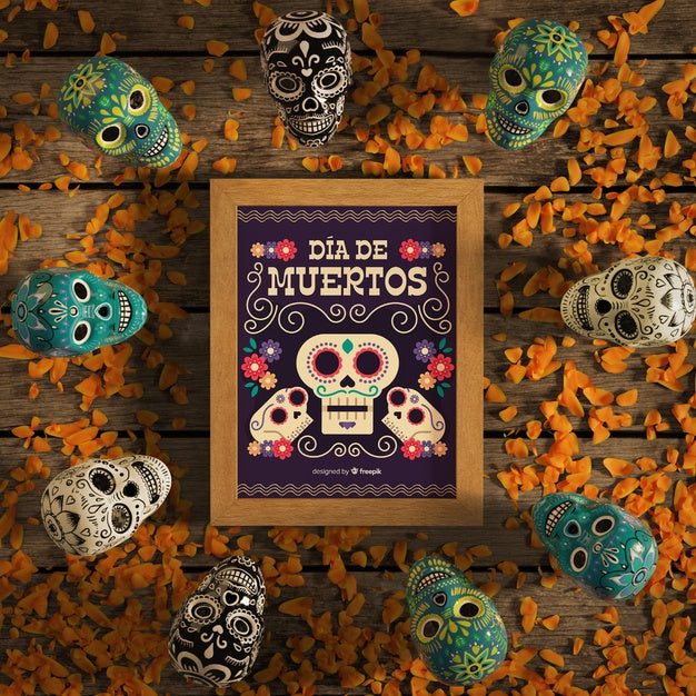 Free Dia De Muertos Mock-Up Surrounded By Skulls Psd