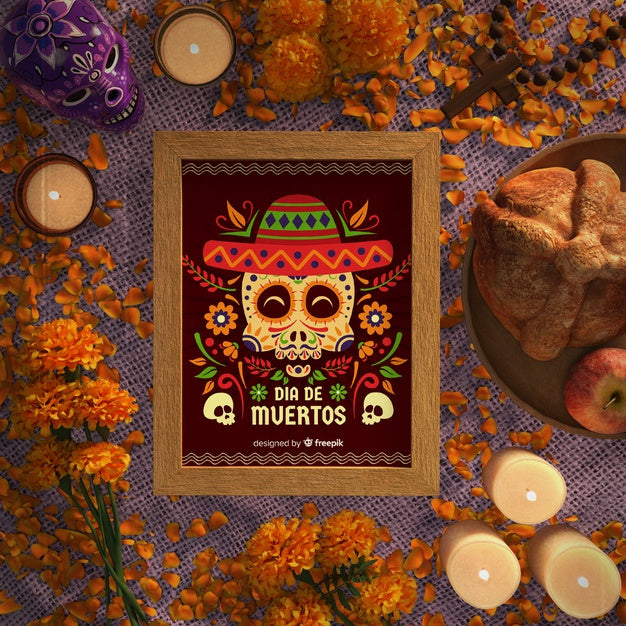 Free Dia De Muertos Skulls With Sombrero Flat Lay Psd