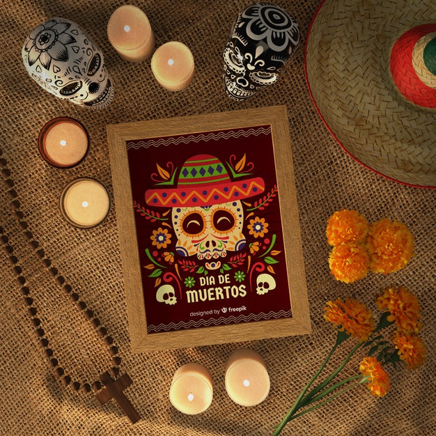 Free Dia De Muertos Skulls With Sombrero Top View Psd