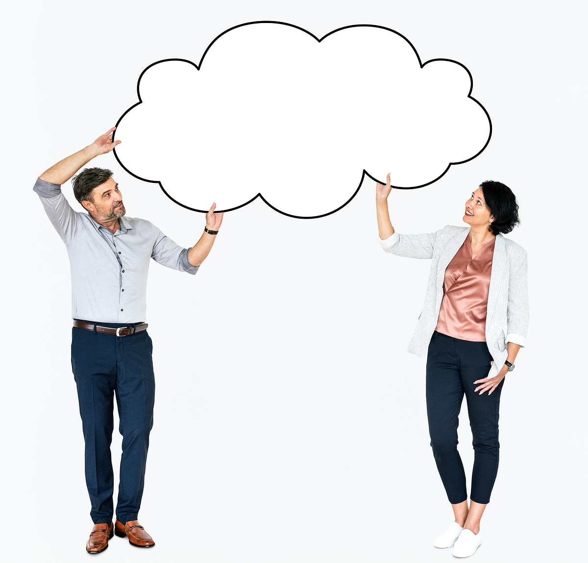 Free Diverse People Showing A Blank White Cloud Shape Board