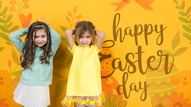 Free Easter Mockup With Blonde And Brunette Girls Psd