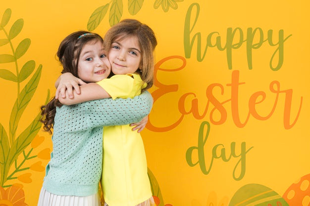 Free Easter Mockup With Blonde And Brunette Girls Psd