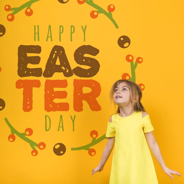 Free Easter Mockup With Blonde Girl Psd