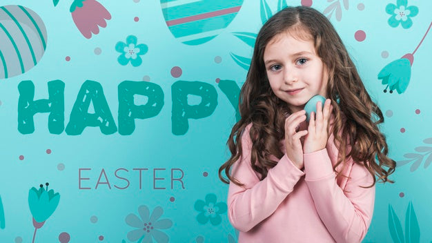 Free Easter Mockup With Brunette Girl Psd