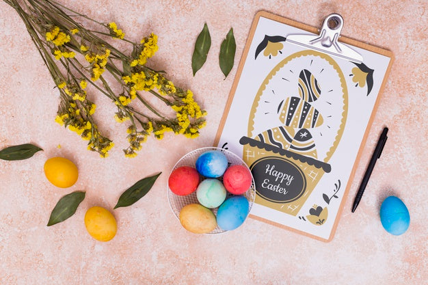 Free Easter Mockup With Card And Chocolate Eggs Psd