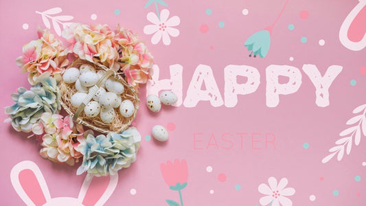 Free Easter Mockup With Eggs And Flowers Psd