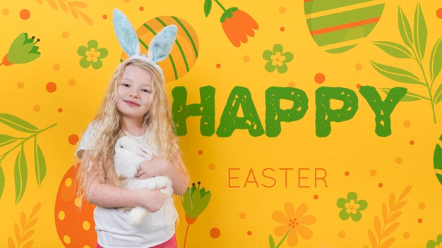 Free Easter Mockup With Girl And Rabbit Psd