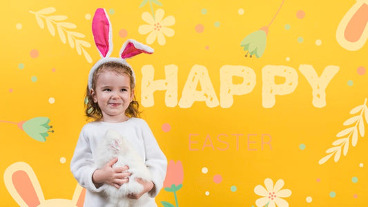 Free Easter Mockup With Girl And Rabbit Psd