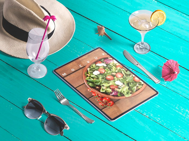 Free Editable Isometric Tablet Mockup With Summer Elements Psd