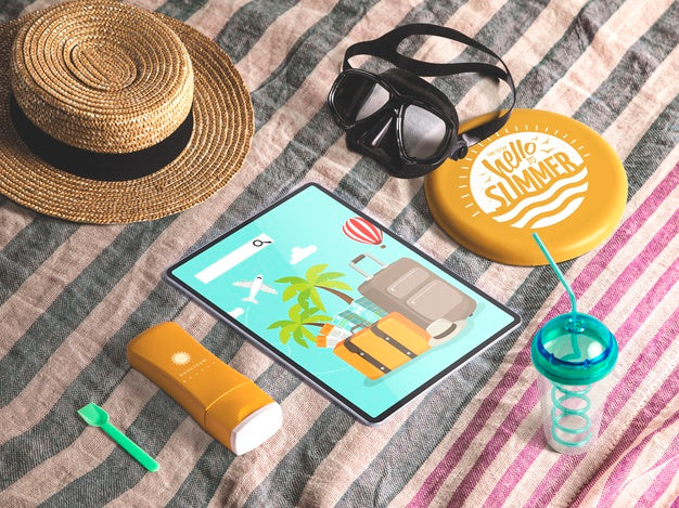 Free Editable Isometric Tablet Mockup With Summer Elements Psd