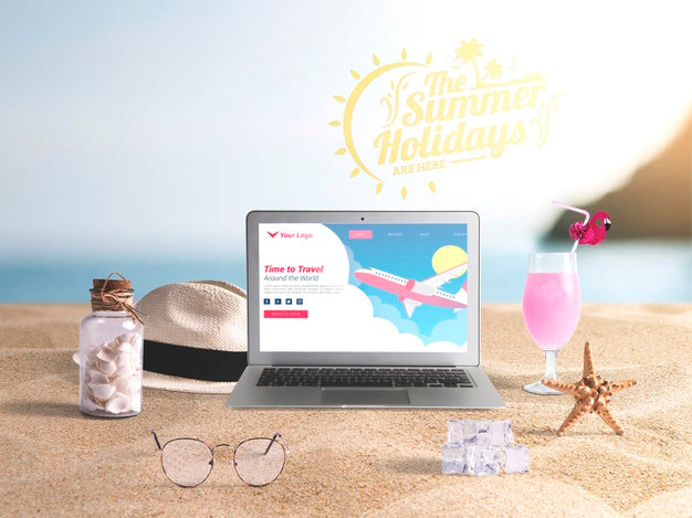 Free Editable Laptop Mockup With Summer Elements Psd