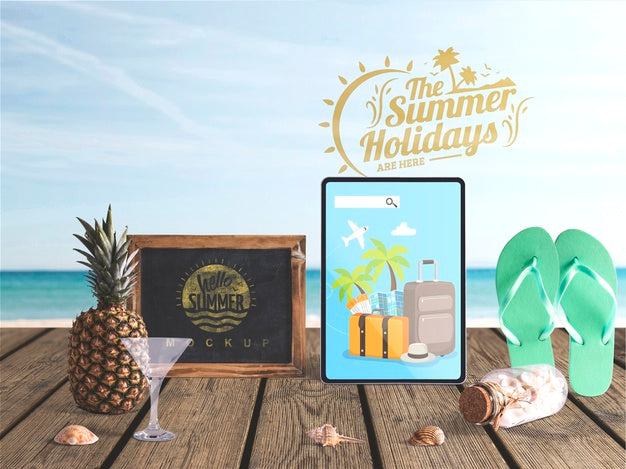 Free Editable Tablet Mockup With Summer Elements Psd