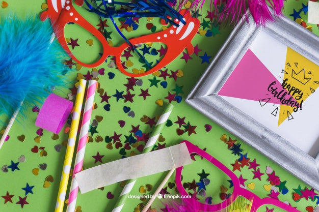Free Fantastic Birthday Mockup Design With Decorative Items Psd