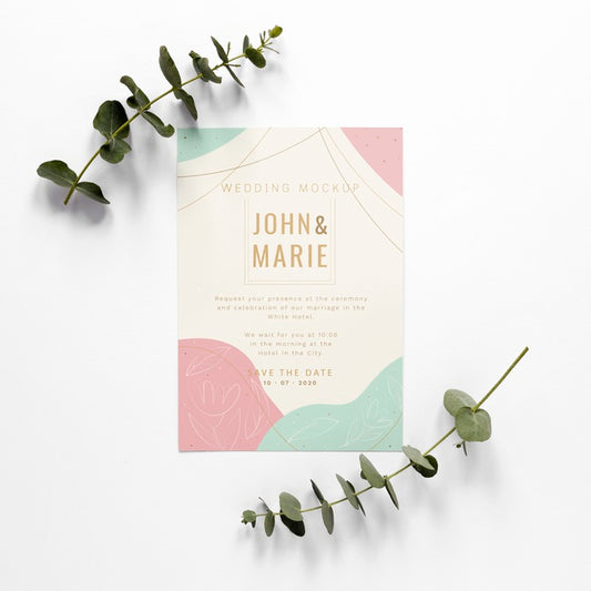 Free Fat Lay Of Wedding Card With Plants Psd