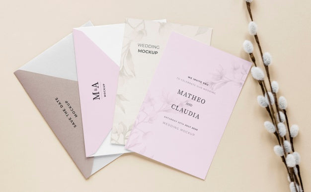 Free Fat Lay Of Wedding Cards With Flowers Psd