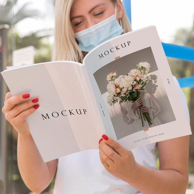 Free Female With Mask On Street Reading Book Psd